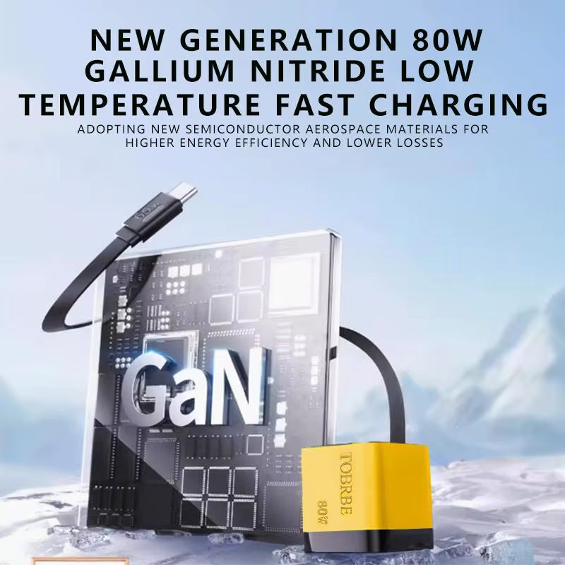 3 in 1 Gan Charger Retractable 80W MAX Fast Charger Block with Type-C Cable 2USB Ports Portable Adapter Mobile Phone Charger New