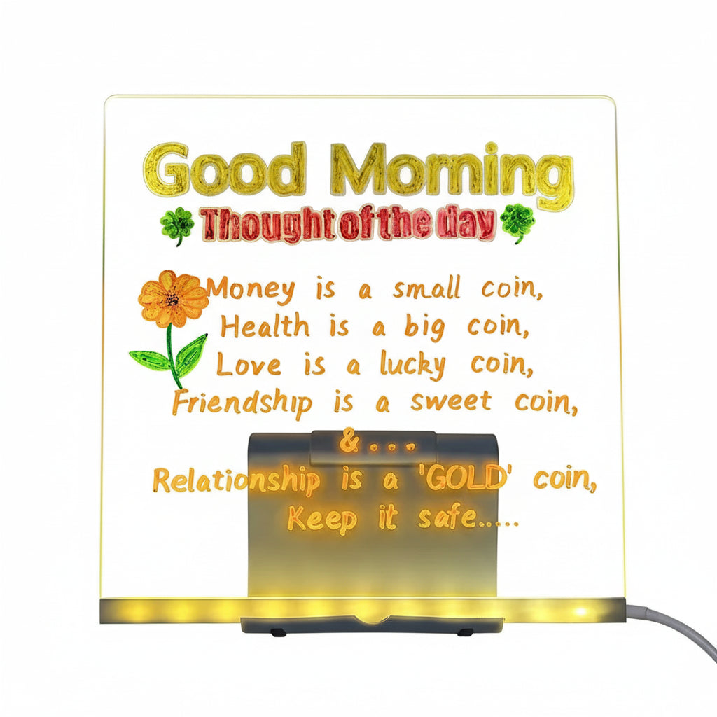 LED acrylic drawing board displaying colorful motivational quote about life with flower illustration and glowing yellow base light