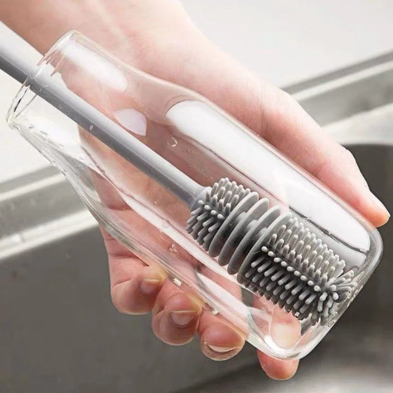 Silicone bottle brush with flexible bristles for deep cleaning narrow containers