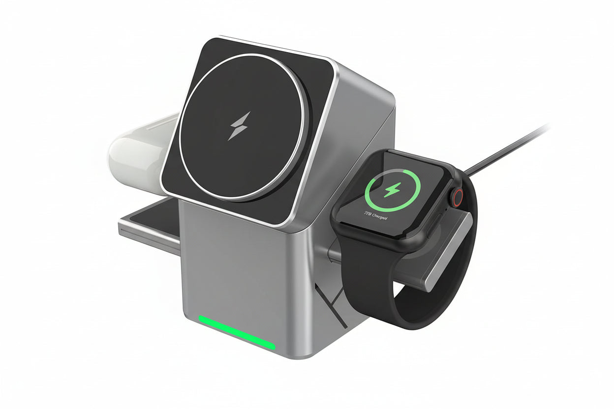 3-in-1 wireless charging station with self-rotating design for iPhone, AirPods and Apple Watch