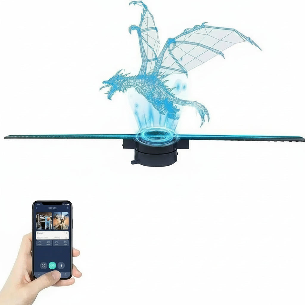 3D hologram projector showing blue dragon with smartphone app control for iOS and Android