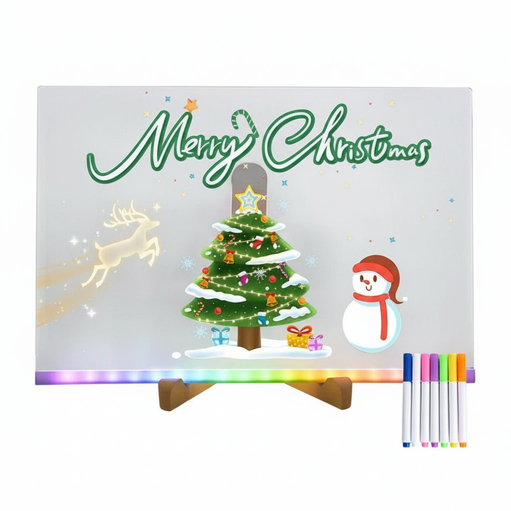 LED acrylic message board with Christmas tree and snowman drawing, rainbow LED base lighting and colorful erasable markers