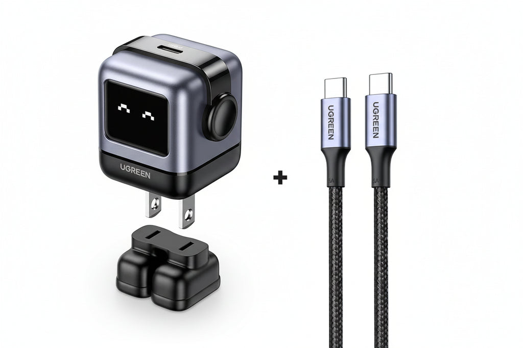 UGREEN 30W GaN Fast Charger with robot design, compact USB-C wall charger in white