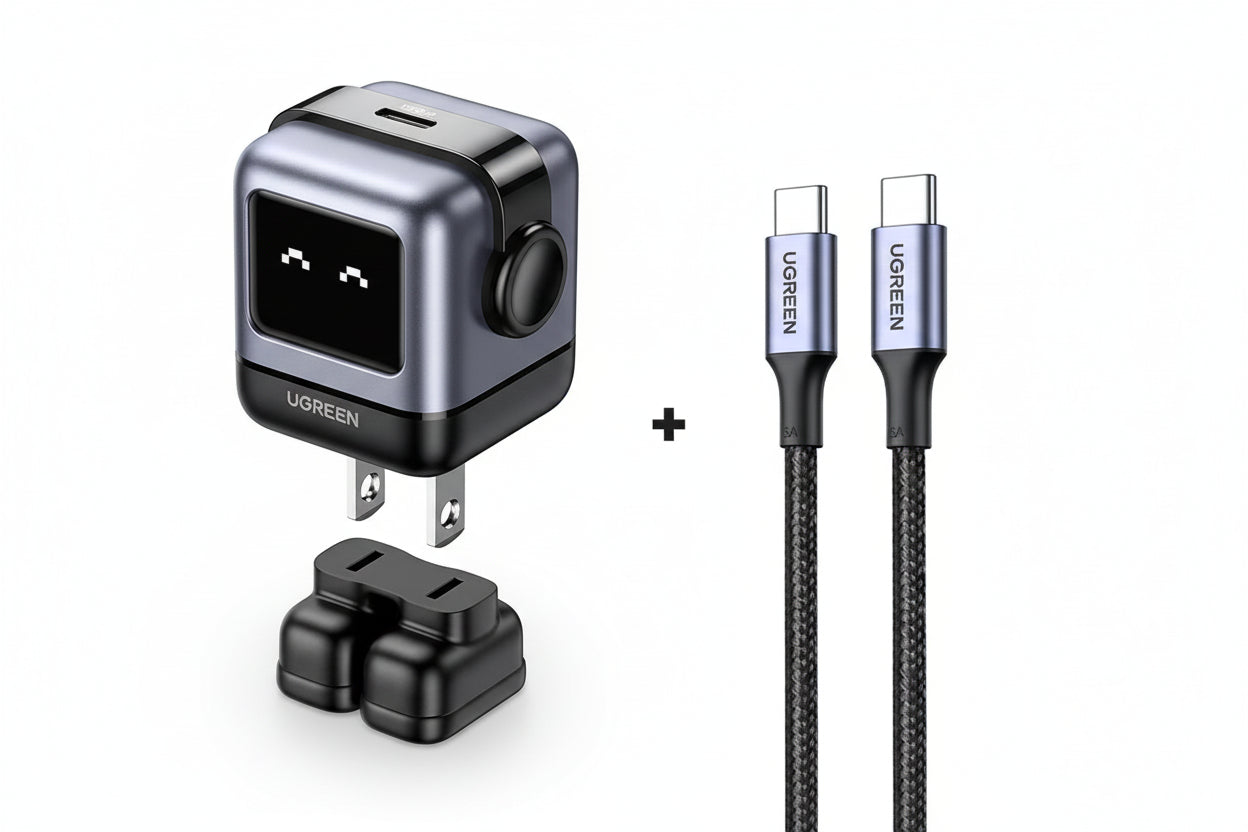 UGREEN 30W GaN Fast Charger with robot design, compact USB-C wall charger in white