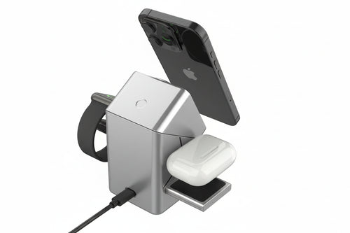 15W fast wireless charger stand showing multiple Apple devices charging simultaneously