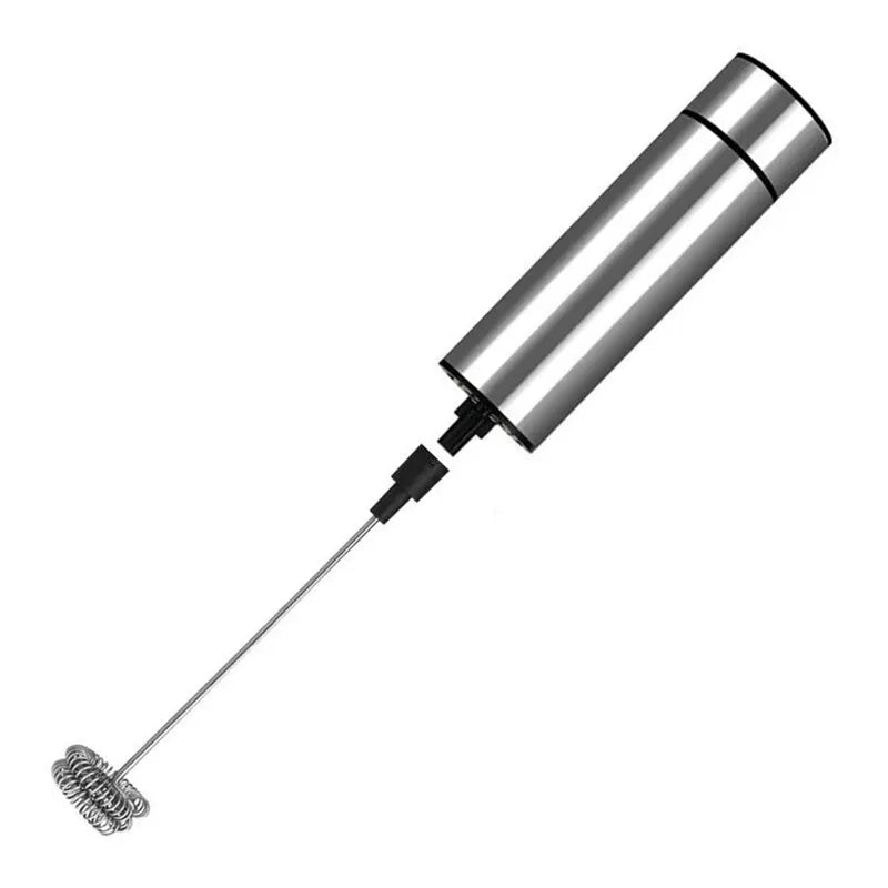 Stainless steel electric milk frother with extended whisk on white background