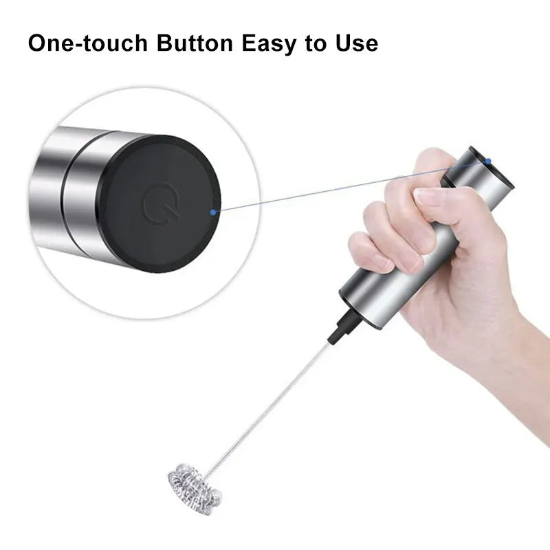 Hand holding electric milk frother showing one touch button operation