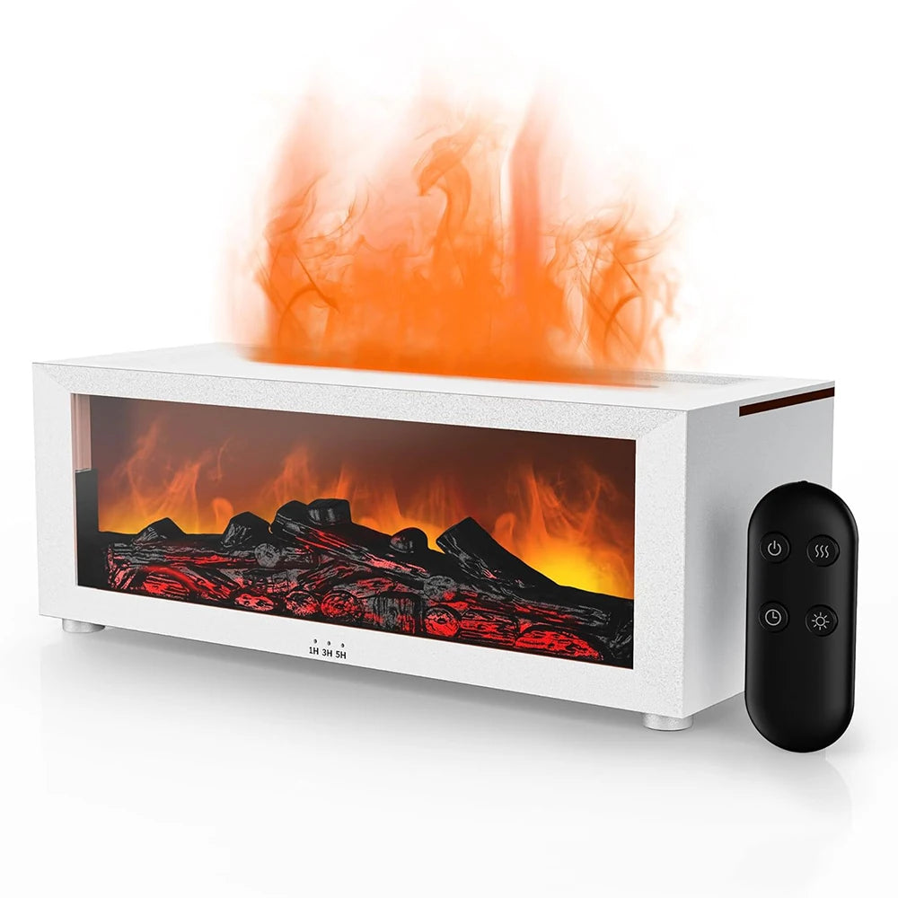 Fireplace flame air diffuser humidifier with LED color lighting and aromatherapy mist on wooden surface