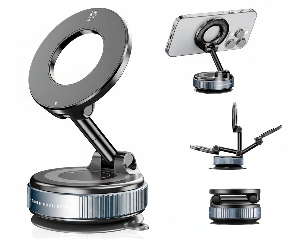 Magnetic car phone mount with vacuum suction cup and 360 degree rotation for dashboard