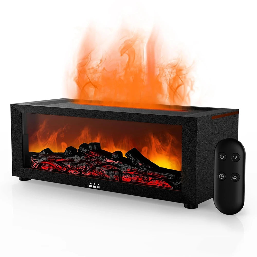 Fireplace flame air diffuser humidifier with LED color lighting and aromatherapy mist on wooden surface