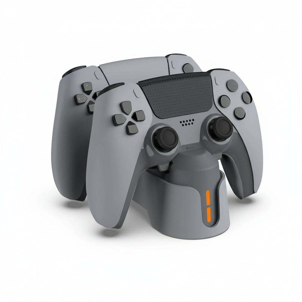 PS5 dual controller charging station with LED indicators in white