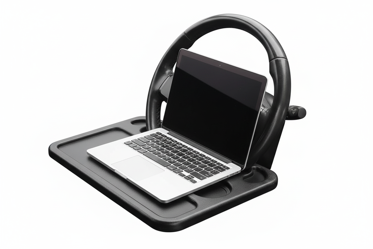 Person using laptop on portable car steering wheel desk while working remotely from vehicle