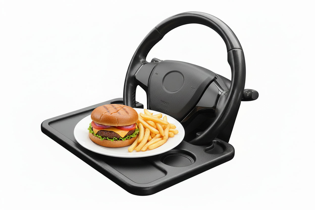 Portable car steering wheel desk tray holding burger and drink for convenient eating on the go