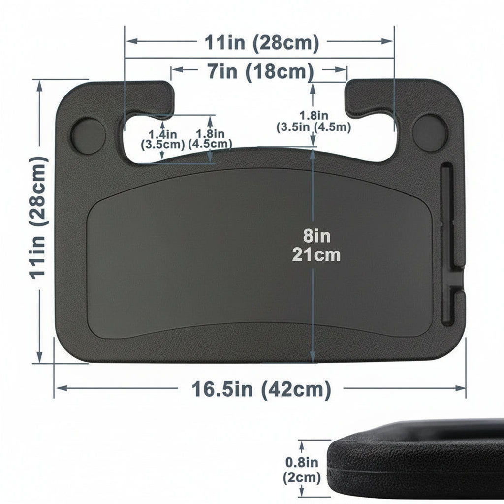 Large portable car steering wheel desk 16.5 x 11 inches with cup holder and pen slot dimensions