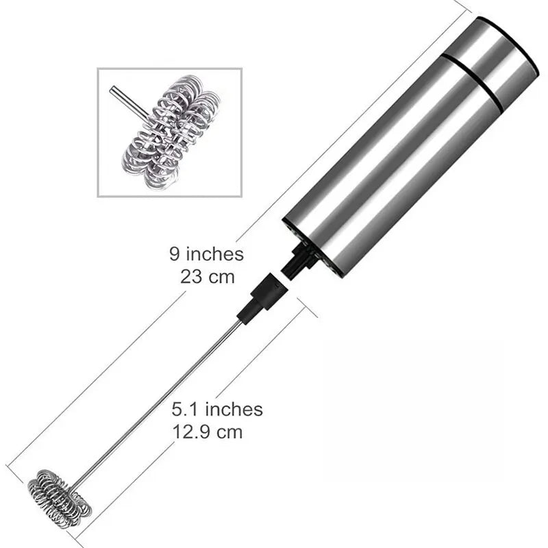Stainless steel handheld milk frother with dimensions 9 inches body and 5.1 inches whisk
