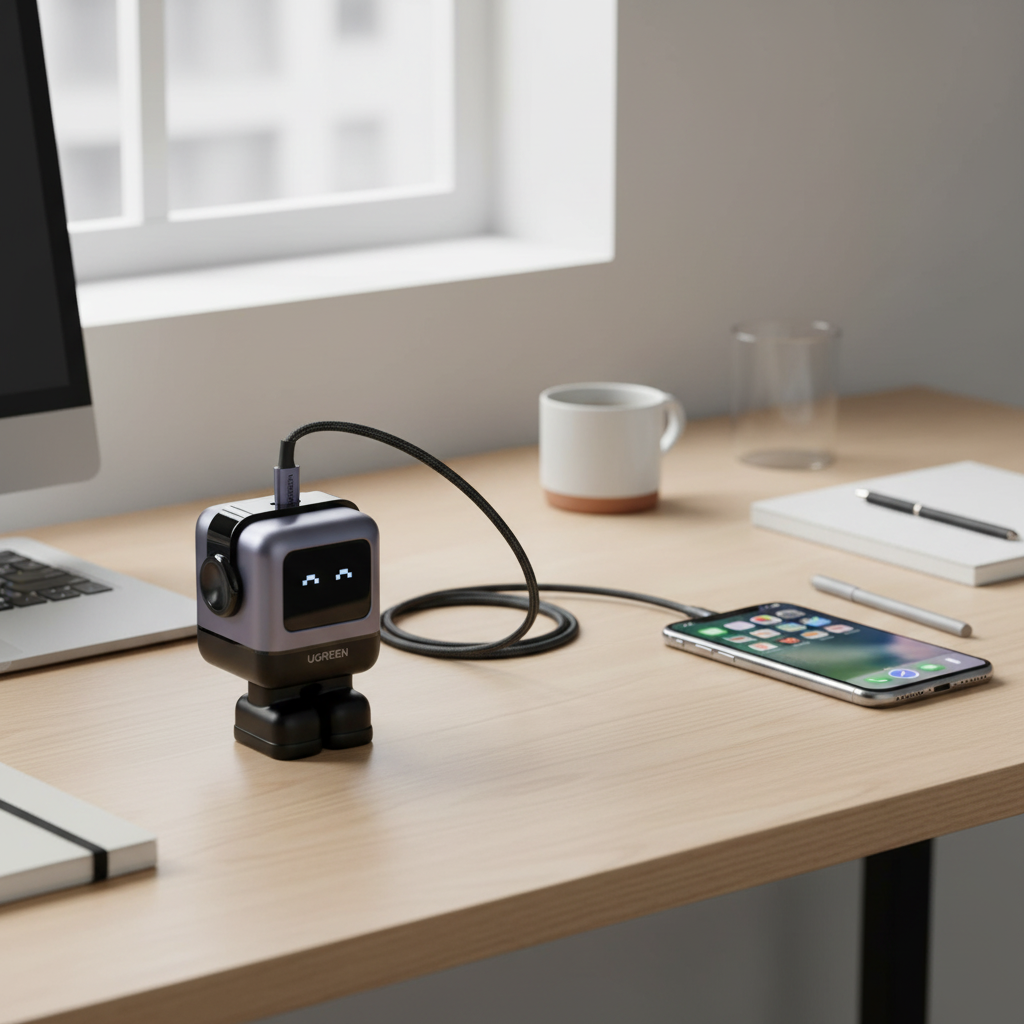 UGREEN robot charger on desk setup, compact design for home or office workspace