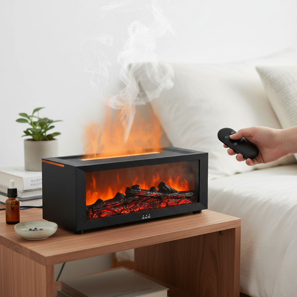 Fireplace flame air diffuser humidifier in use on bedside table with glowing LED flame effect and aromatherapy mist