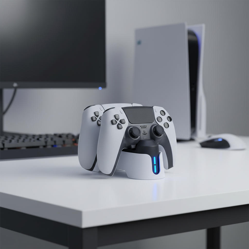 PS5 dual controller charging station with LED lights showing charging status for two controllers