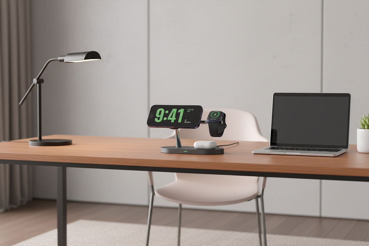 Premium wireless charging station on modern desk in contemporary home office with Apple devices