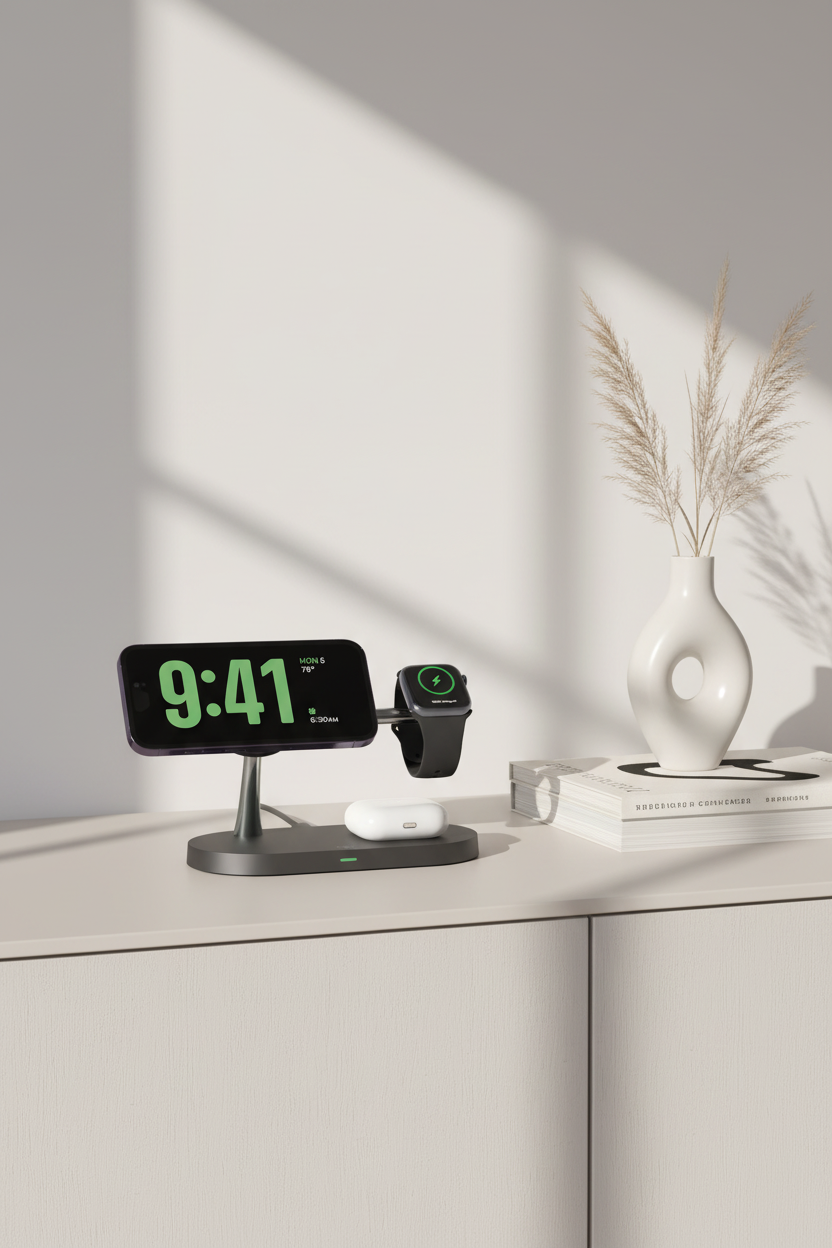 Close-up of 3-in-1 Apple wireless charger stand on console table in minimalist living room