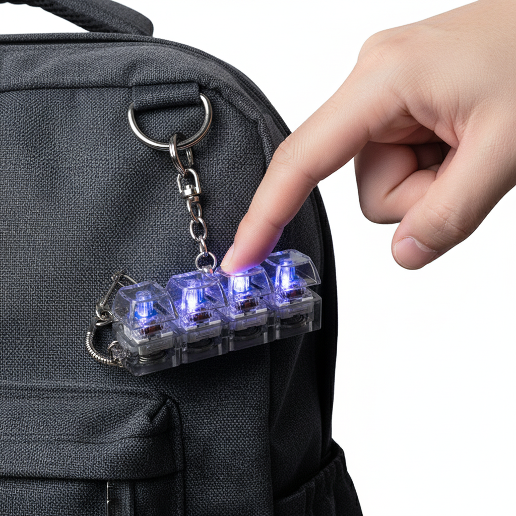Mechanical keyboard keychain with 4 keys and LED lights attached to keys showing dark translucent design