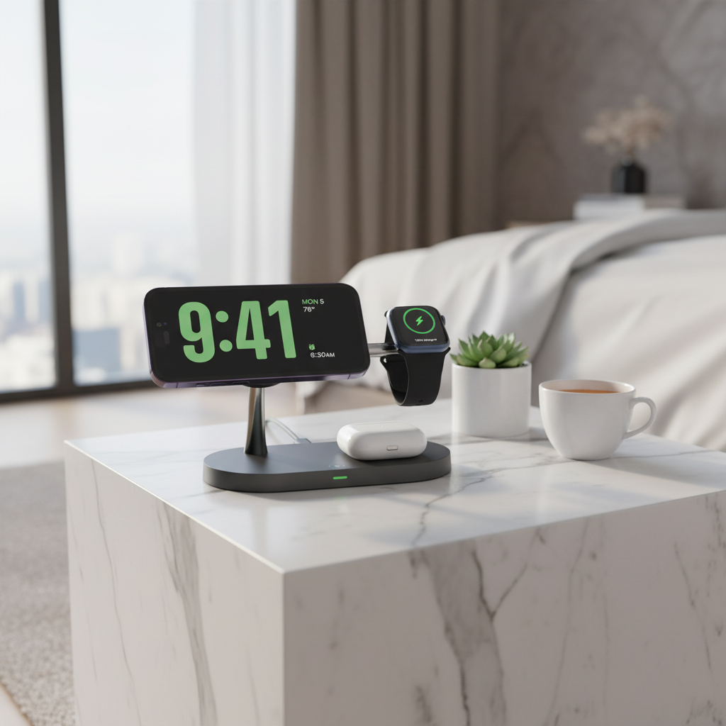 3-in-1 wireless charging stand on white marble nightstand in luxury bedroom with iPhone Apple Watch and AirPods charging