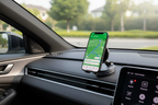 Magnetic phone mount installed on car dashboard with navigation app for hands free driving