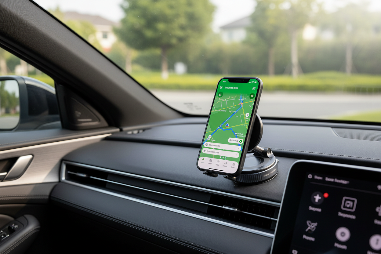 Magnetic phone mount installed on car dashboard with navigation app for hands free driving