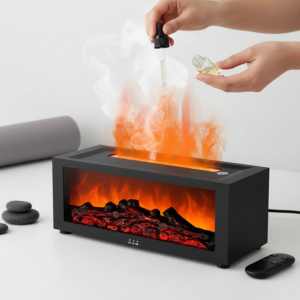 Person adding essential oil drops to fireplace flame humidifier diffuser with visible mist and LED lights