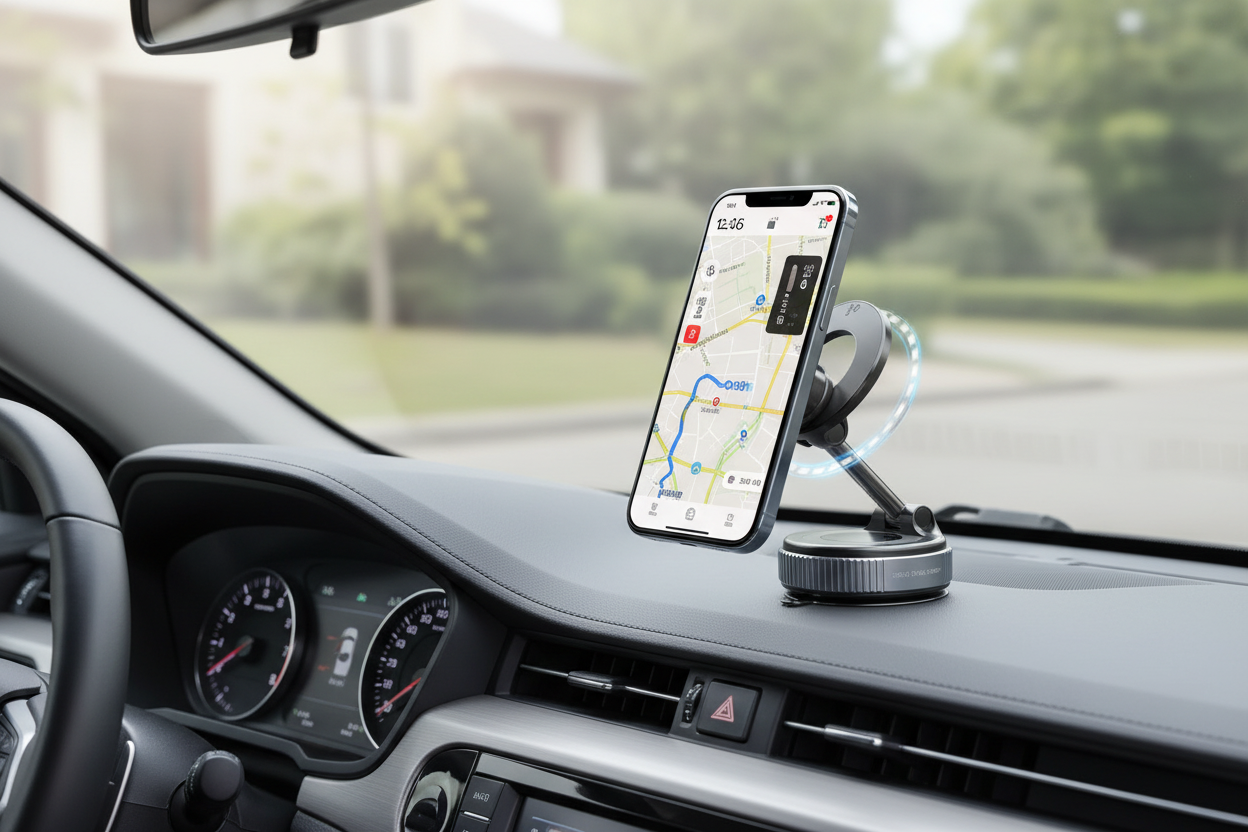 Driver view of smartphone mounted on magnetic car holder displaying GPS navigation